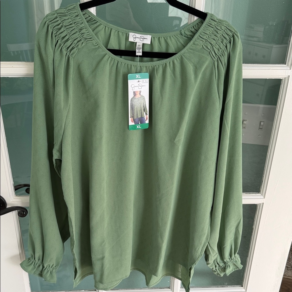 Jessica Simpson Green Ruched Shoulder Blouse